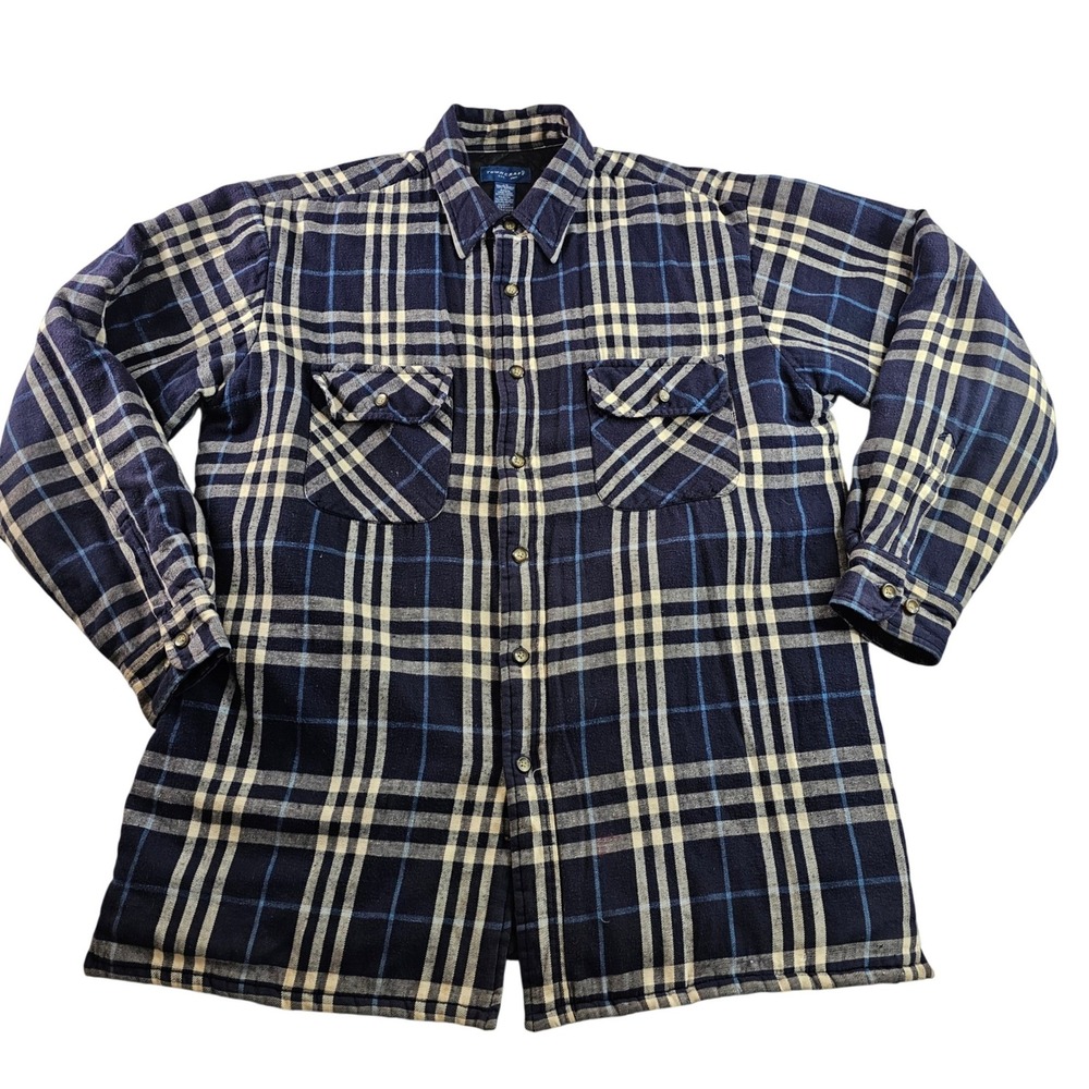 Town Craft Plaid Quilted Lined‎ Flannel Shirt Jacket Men's L Blue Warm Outerwear